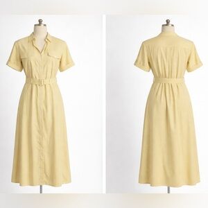ICHI Yellow Striped Midi Shirt Dress Belted Cottagecore Spring Size 38